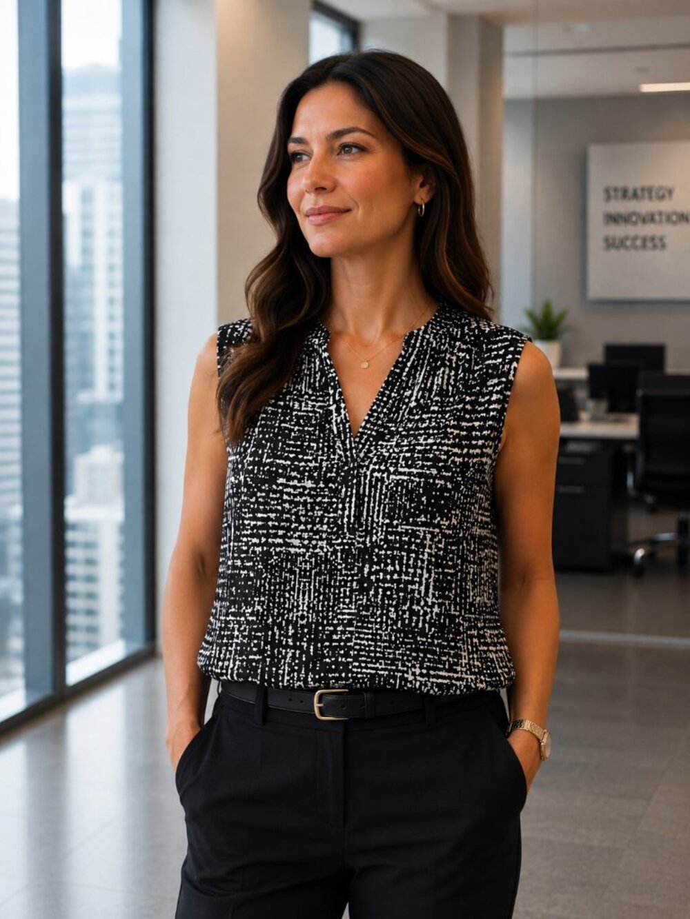 Calvin Klein Black and White Patterned Sleeveless Top